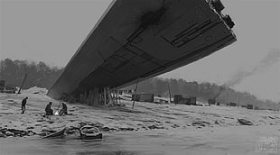 grayscale photo of crushed plane, Alexey Andreev, artwork, concept art, surreal