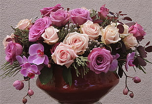 bouquet of pink, white, and red Roses