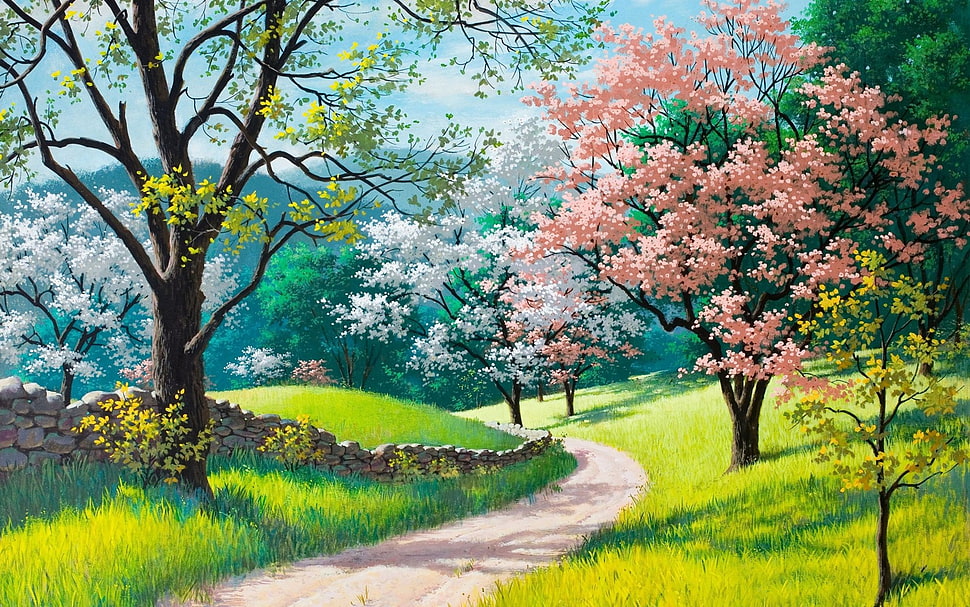 green and brown tree painting, artwork, trees, path HD wallpaper
