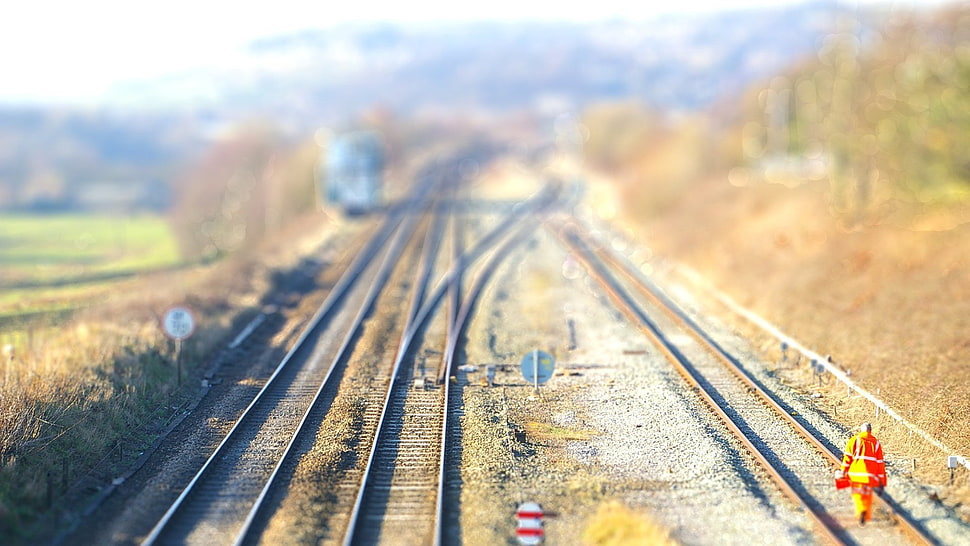 railway, blurred, tilt shift HD wallpaper
