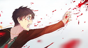 boy anime character reaching hand with blood digital wallpaper