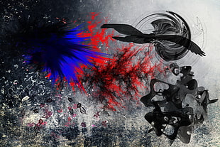 blue, red, black, and gray abstract graphic art