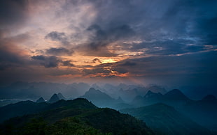 aerial photo of mountains, nature, mountains, mist, Guilin