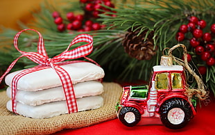 red and white vehicle ornament, Christmas, New Year