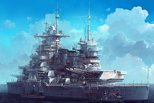 gray and white ship digital wallpaper, warship, military, artwork, Battleship