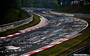 gray and red racetrack, nurburgring, race tracks, road, graffiti