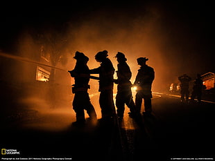 silhouette of four firemen, firefight, fire, National Geographic HD wallpaper