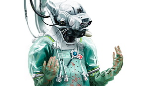 green and gray dressed person wallpaper, cyberpunk, robot, machine, science fiction