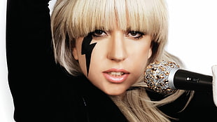Lady Gaga holding black microphone HD wallpaper