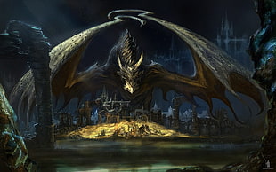 black bat illustration, dragon, landscape