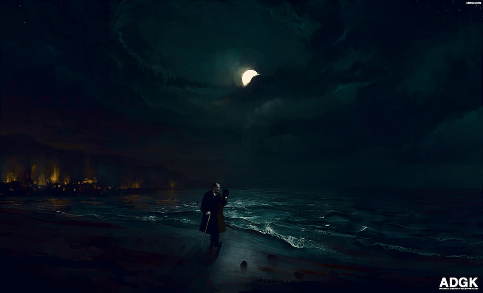 person walking on seashore digital wallpaper, night, beach HD wallpaper