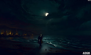 person walking on seashore digital wallpaper, night, beach