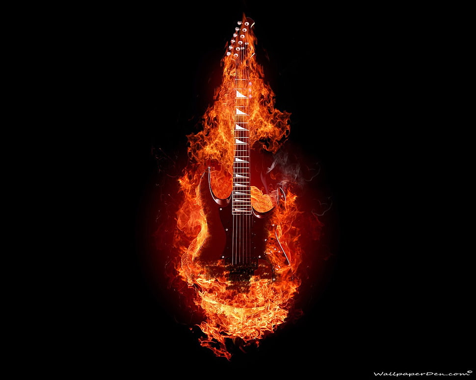 red superstrat guitar digital wallpaper, guitar, musical instrument, fire, digital art HD wallpaper