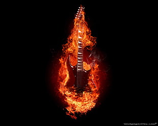 red superstrat guitar digital wallpaper, guitar, musical instrument, fire, digital art