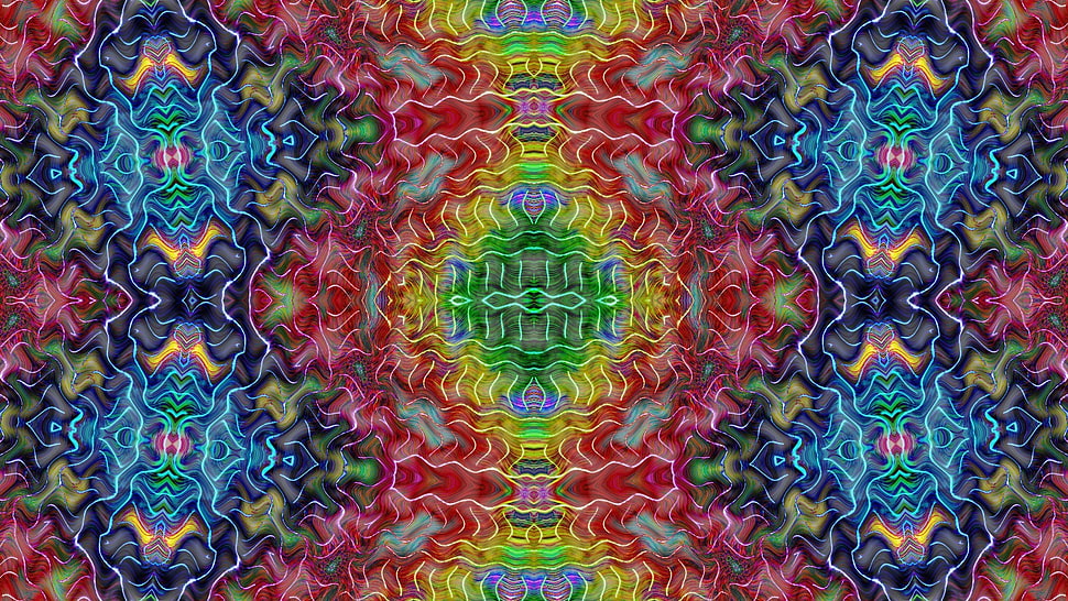 red and multicolored psychedelic illustration, abstract, kaleidoscope HD wallpaper