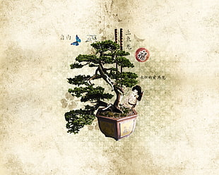green bonsai plant, Japanese Garden, bonsai, chopstick