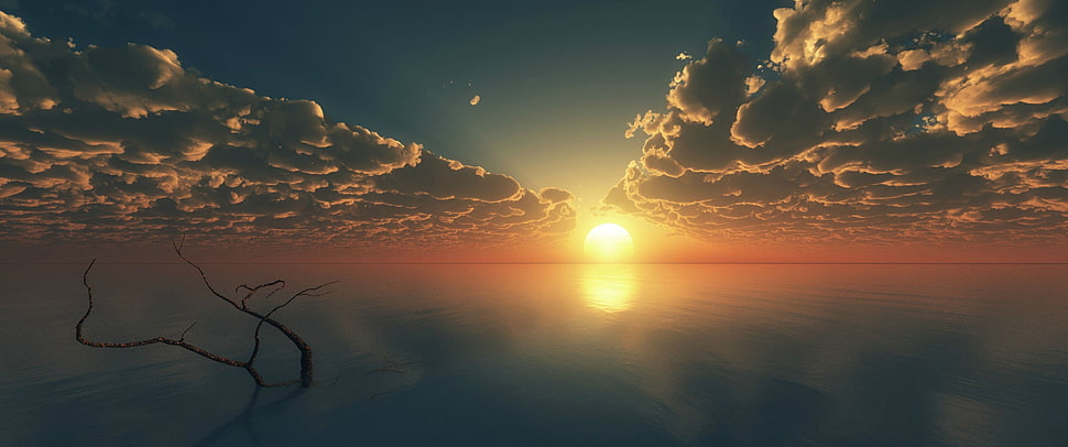 white and yellow cloudy skies, Sun, clouds, water HD wallpaper