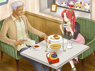 woman with red braided hair in pink dress holding tea cup sitting beside man in brown cardigan
