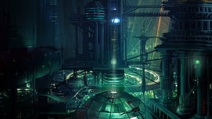 black and green table lamp, science fiction, futuristic, lights, city