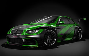 green and black BMW racecr