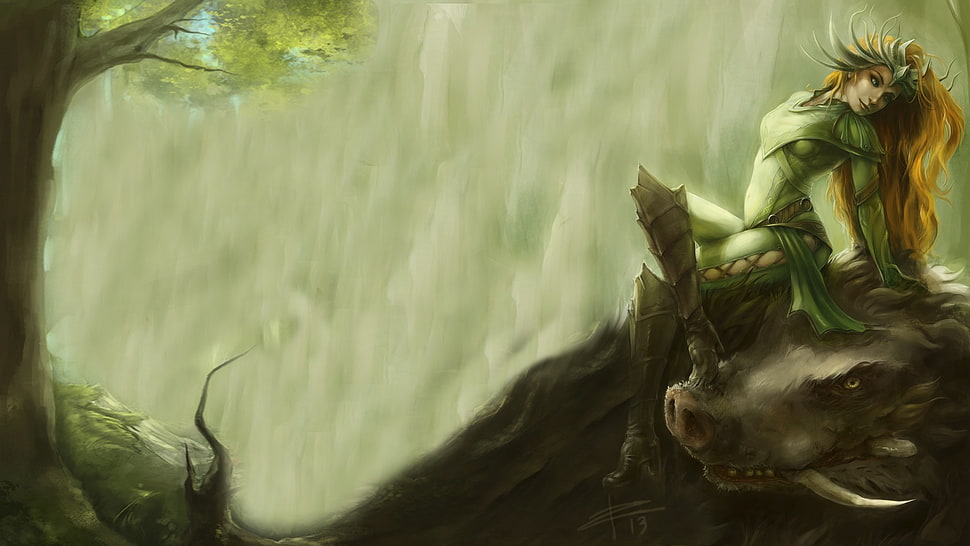 elf sitting on wild boar wallpaper, Artemis, Smite HD wallpaper