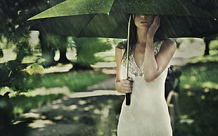 Woman using umbrella during raining wallpaper HD wallpaper