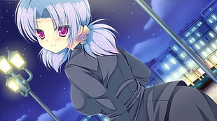 gray-haired woman in black business suit anime character illustration