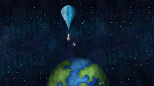 hot air balloon and planet illustration, Earth HD wallpaper