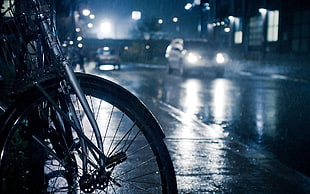 black bicycle, photography, city, urban, lights