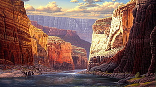 brown rock formation, nature, landscape, digital art, mountains HD wallpaper