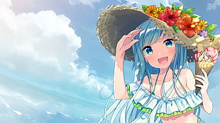 anime girl character wearing sun hat on beach HD wallpaper
