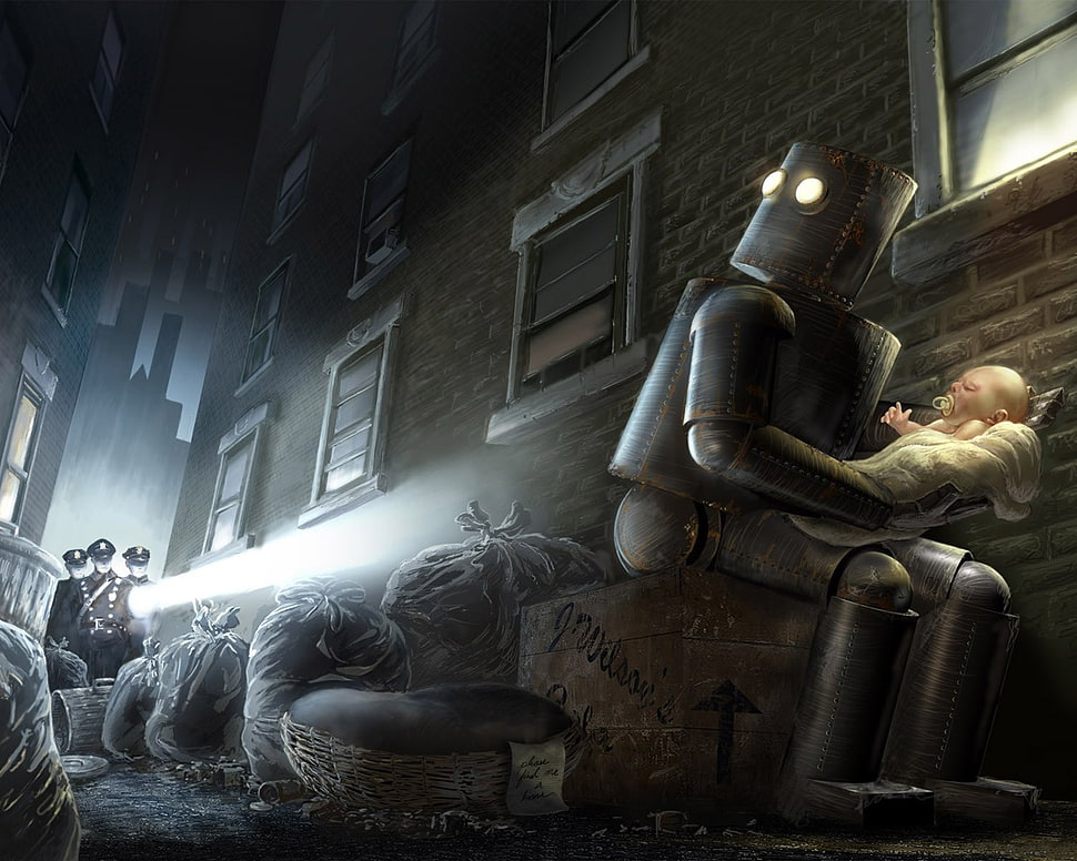 black leather sofa chair and ottoman, robot, baby, police, artwork HD wallpaper
