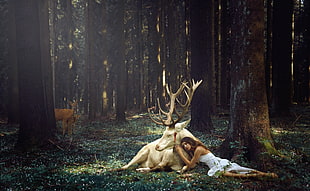 woman in white sleeveless dress lying on white reindeer on forest