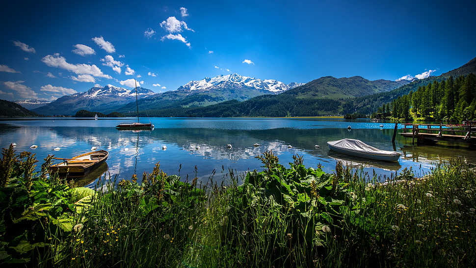 brown canoe, sky, clouds, mountains, river HD wallpaper
