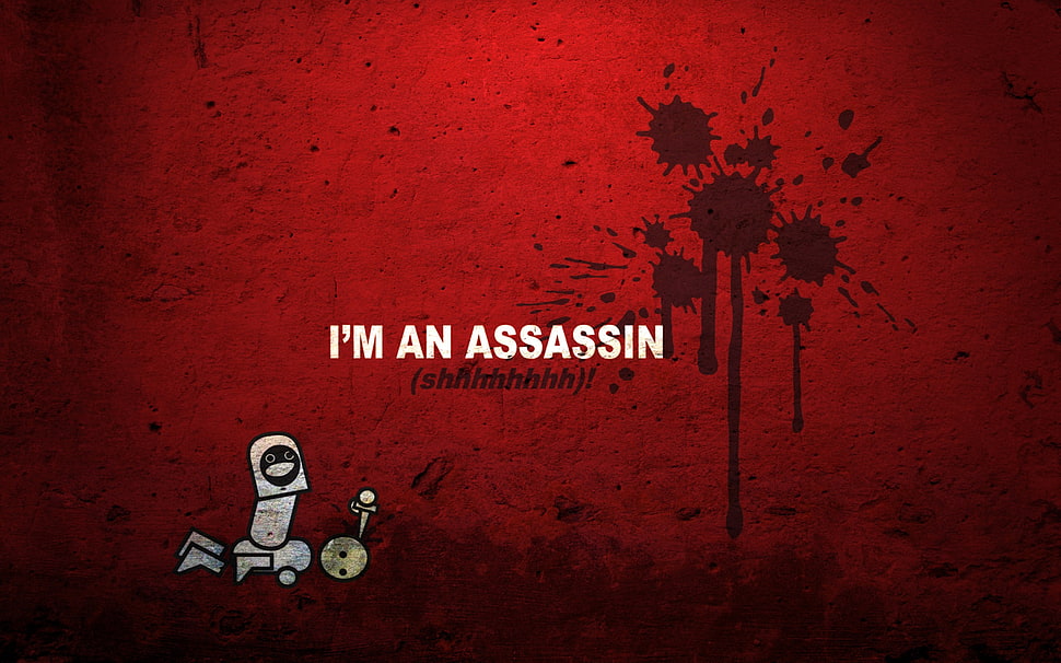 I'm an assassin text overlay, humor, minimalism, red background HD wallpaper