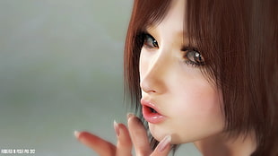 women's pink lipstick, brunette, CGI, render, face HD wallpaper