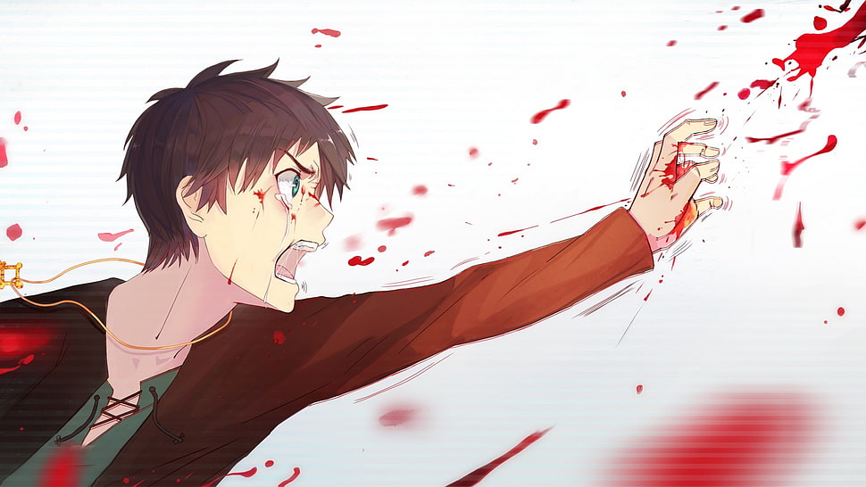brown haired male anime character wallpaper, anime, Shingeki no Kyojin, Eren Jeager, blood HD wallpaper