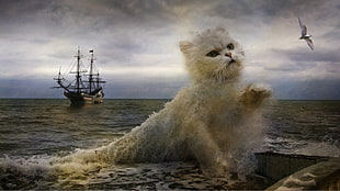 white cat wave decor, digital art, cat, ship, fantasy art