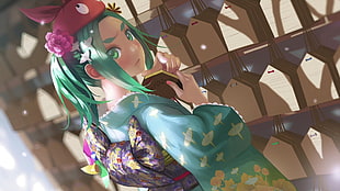 green haired girl anime character, Ononoki Yotsugi, Monogatari Series, blushing, green eyes HD wallpaper