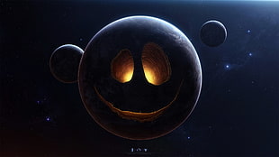 black and gray planet with eyes and mouth, smiling, spacescapes, stars, DeviantArt