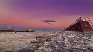gray paver brick road beside body of water during purple sunset