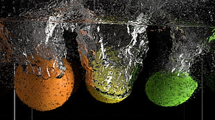 three assorted-color fruits, water, fruit, liquid, lemons HD wallpaper