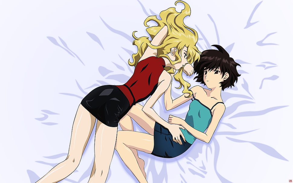two female anime characters lying on bed HD wallpaper