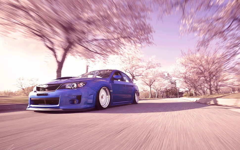 blue sedan on the road during daytime HD wallpaper