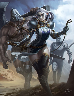 two barbarian and one female characters illustration, fantasy art, warrior, sword HD wallpaper