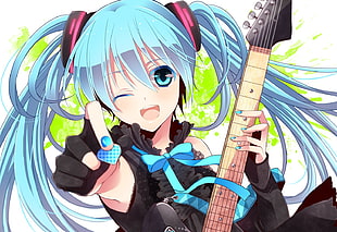 female blue haired anime character playing guitar