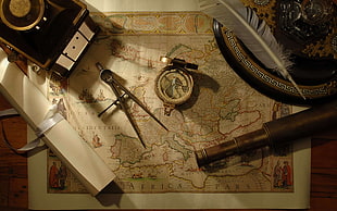 vintage European map, compass, map, tools, feathers