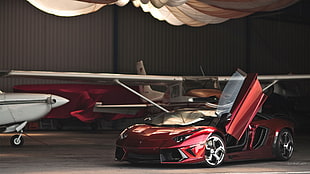 red sports coupe, Lamborghini Aventador, car