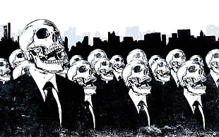 skeleton wearing business attire painting, skull, skyline, artwork