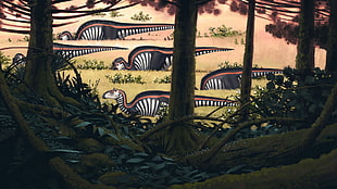 fivef white and black dinosaurs beside forest illustration, Simon Stålenhag, dinosaurs HD wallpaper